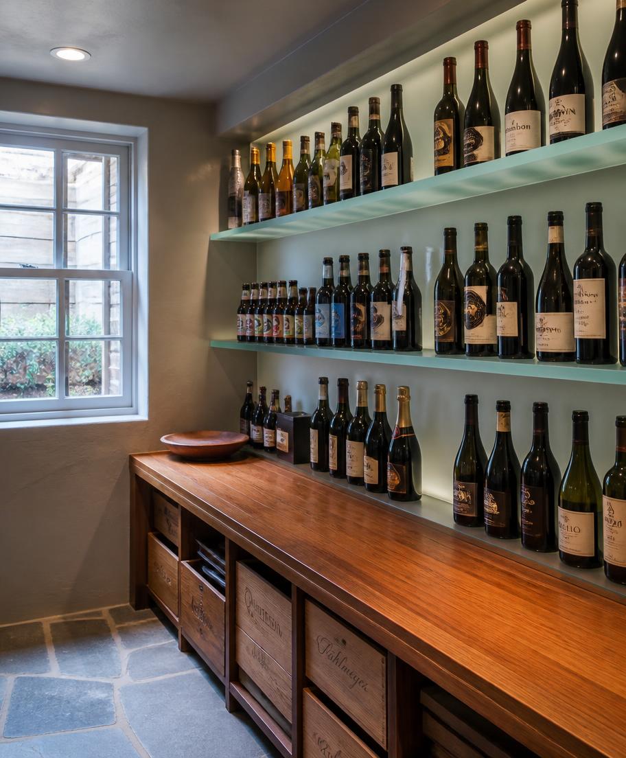 Backlit wine and beer bottles on frosted glass shelves in the Bellevue Cellars tasting room